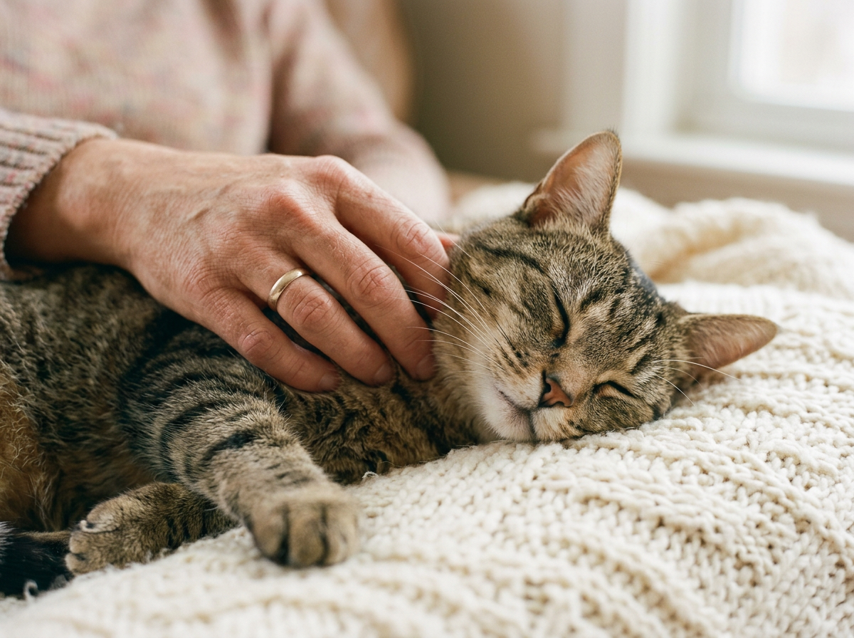 Gentle hands caressing a calm cat resting on a blanket