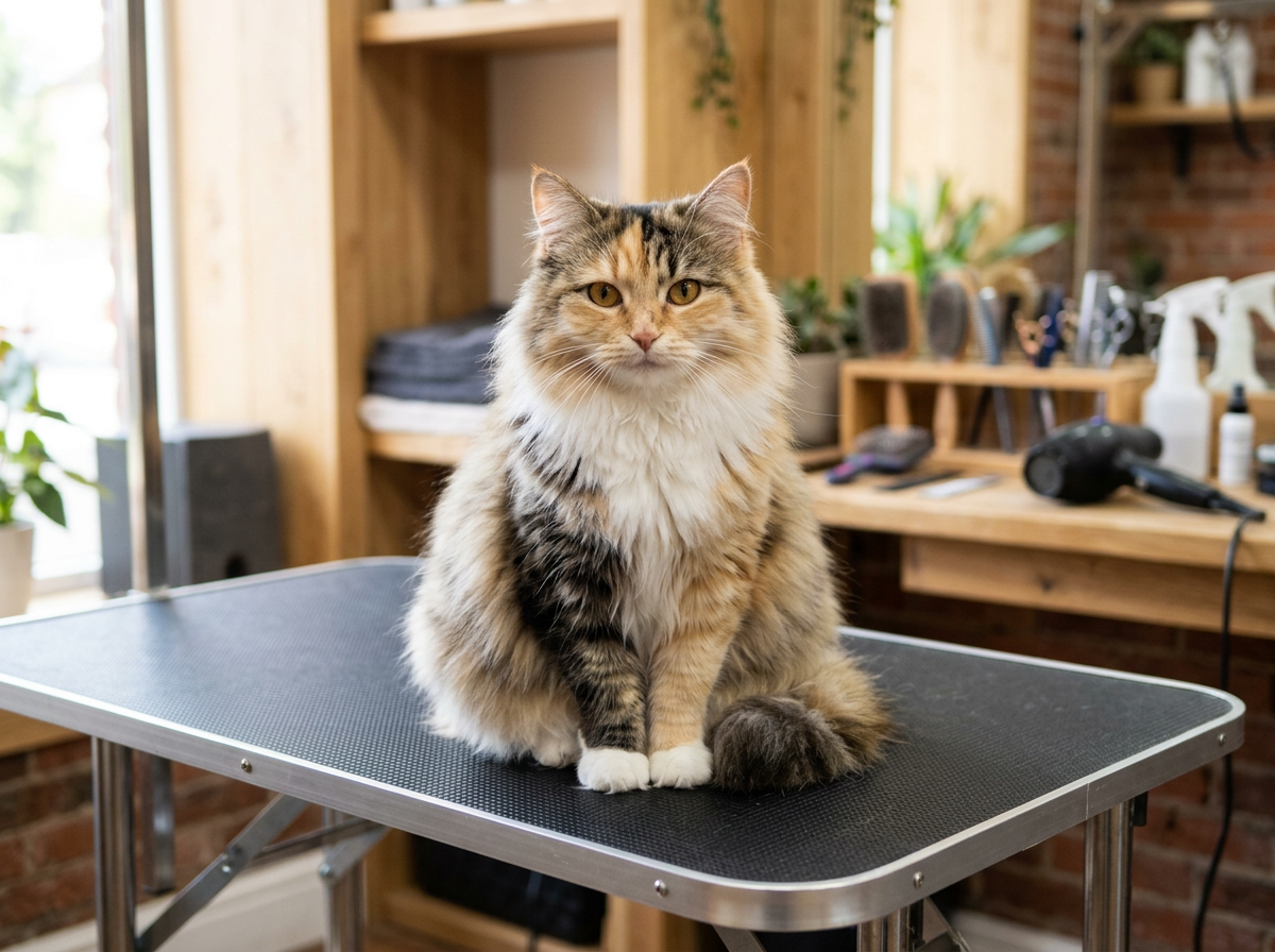 A fluffy cat sitting calmly on a grooming table