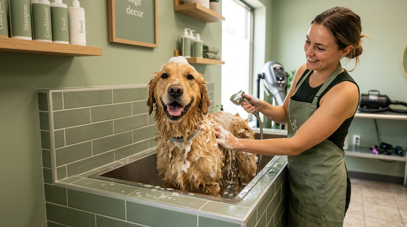 A dog enjoying a bath in a clean pet spa setting